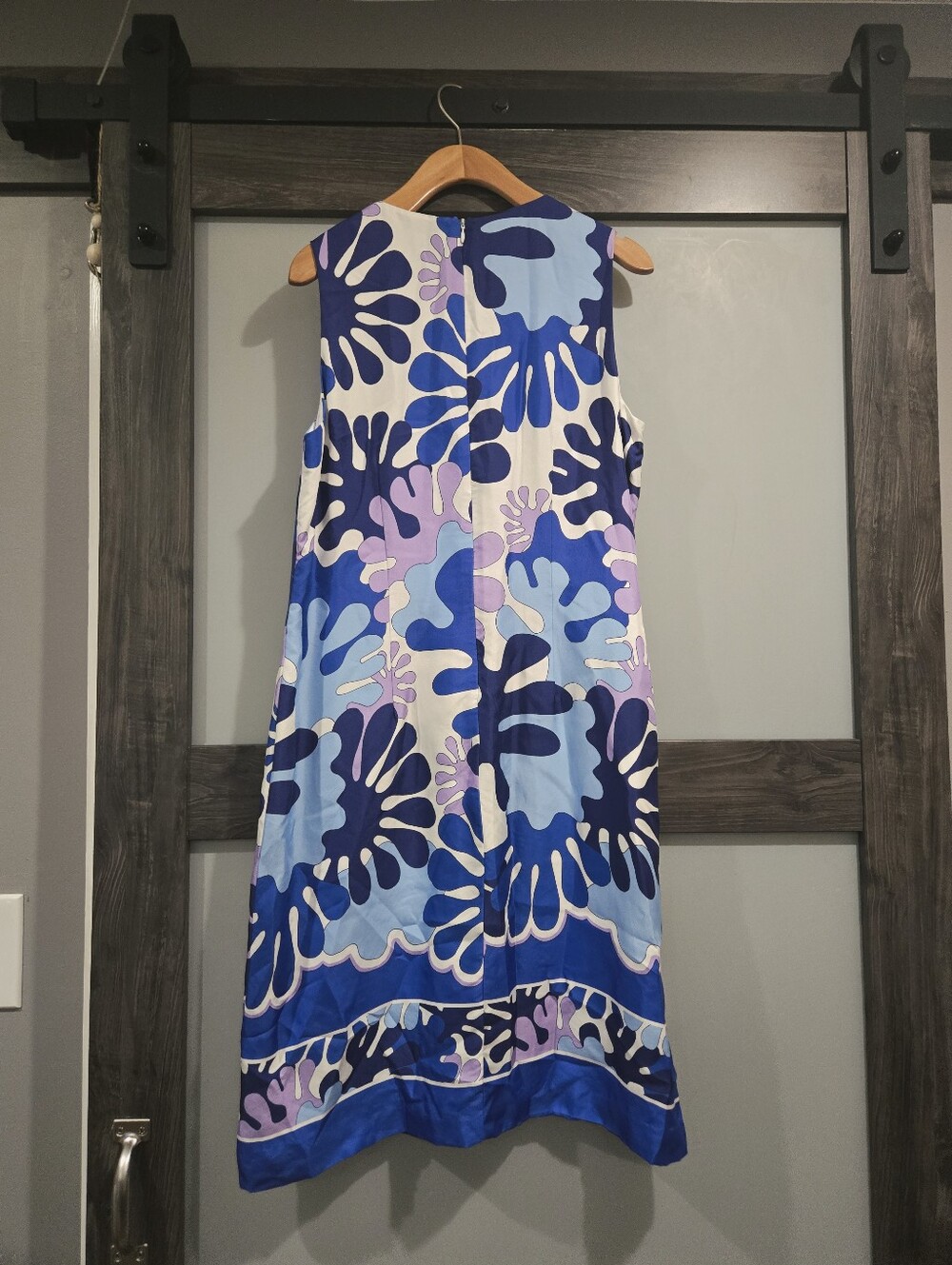 J McLaughlin silk retro groovy print sleeveless sheath dress blue purple size 8 - Picture 2 of 6